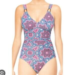 Assets by SPANX One Piece Full Coverage Swimsuit Blue Swim Swimwear